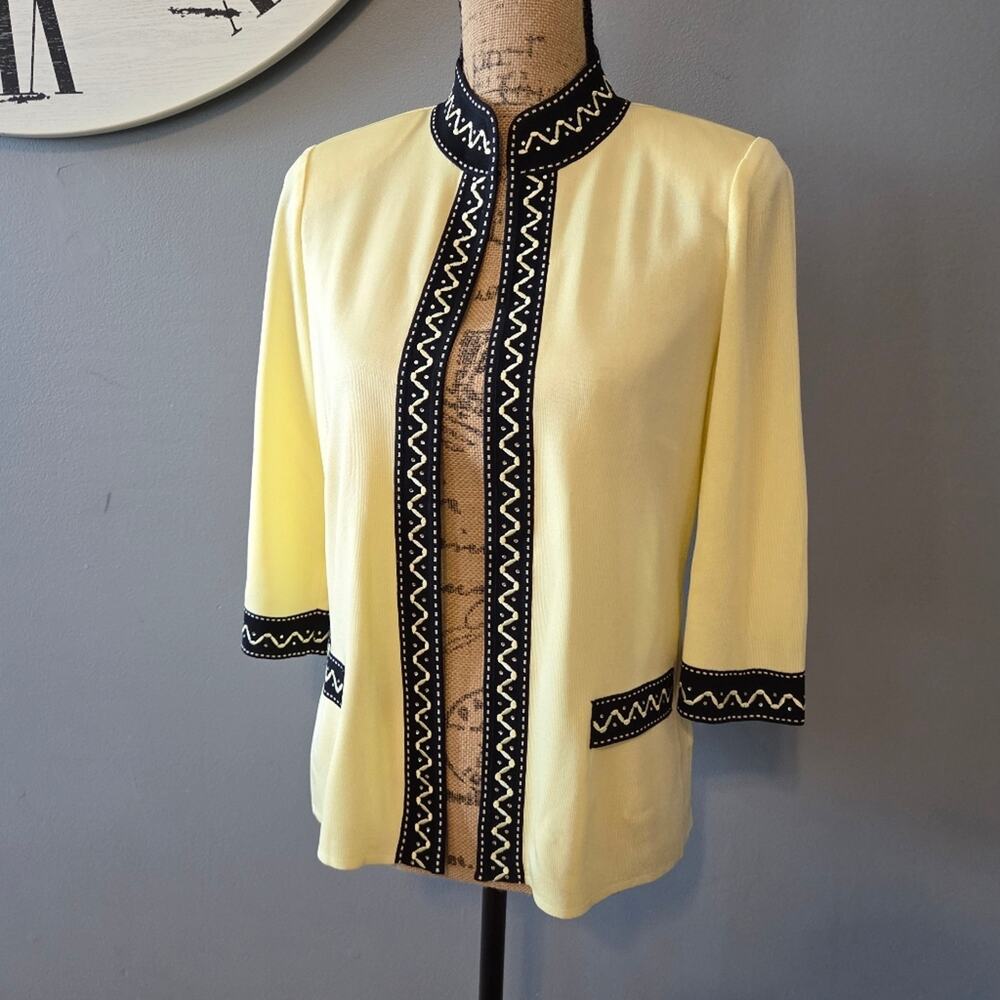Ming Wang Open Front Cardigan Yellow Black Accent Mandarin Collar PS
